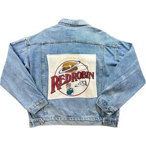 Chocoholic Denim Jacket Red Robin Graphic Back Patch Light Wash Women’s